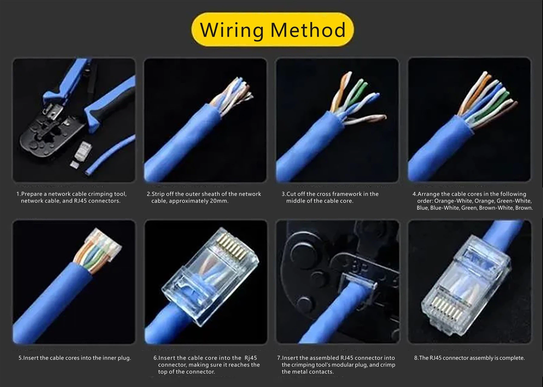 Specific steps for terminating the Cat6 RJ45 plug Specific steps for terminating the Cat6 RJ45 plug