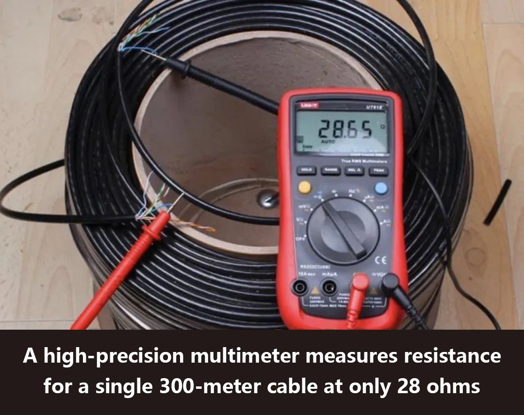 Use a multimeter to measure the resistance of a 100-meter cable.Oxygen-free copper cables have a resistance of less than 30 ohms for 300 meters. Use a multimeter to measure the resistance of a 100-meter cable.Oxygen-free copper cables have a resistance of less than 30 ohms for 300 meters.