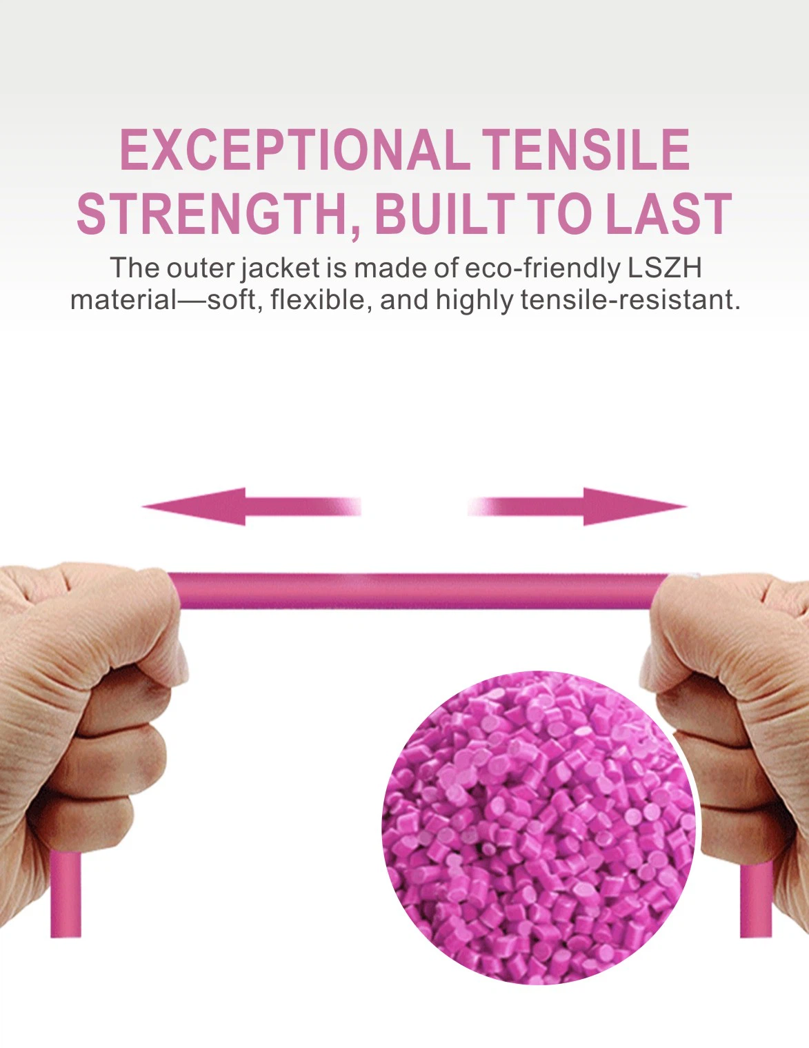 Macro shot of the durable magenta LSZH (Low Smoke Zero Halogen) jacket material used on the 3m OM4 multimode fiber cable for fire safety compliance. Macro shot of the durable magenta LSZH (Low Smoke Zero Halogen) jacket material used on the 3m OM4 multimode fiber cable for fire safety compliance.